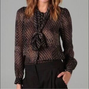 Theory Blurred Primo Print Silk Tie Neck Semi Sheer Blouse Size P